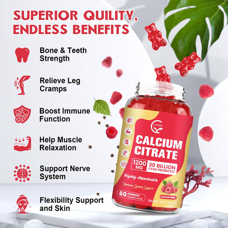 Calcium Citrate Gummies, Calcium 1200 mg with Vitamin d3, K2, Magnesium, Zinc for Bone, Muscle & Immune Support, High Absorption Calcium Supplement for Women & Men, Raspberry Flavor, 60 Chews 60 Count (Pack of 1)