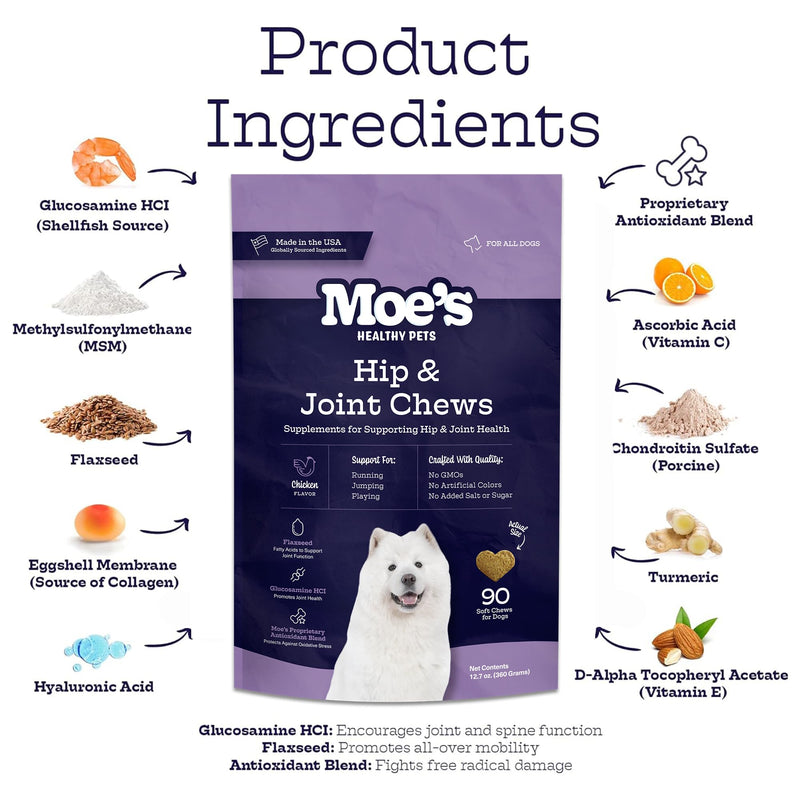 Moe's Glucosamine Dog Joint Supplement + Glucosamine, Chondroitin, Hyaluronic Acid, Vitamin C, E – Bone Health - Joint Pain Relief - Advanced Hip & Joint Care - 90 Chews - Made in USA – All Breeds - PawsPlanet Australia