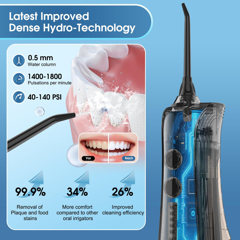 Leominor Water Dental Flosser - 5 Modes Cordless Portable Oral Irrigator, IPX7 Waterproof, Rechargeable Teeth Cleaner Upgrade Datchable Tank Professional Flossing Cleaning Pick for Home Travel (Black) 230ml Black