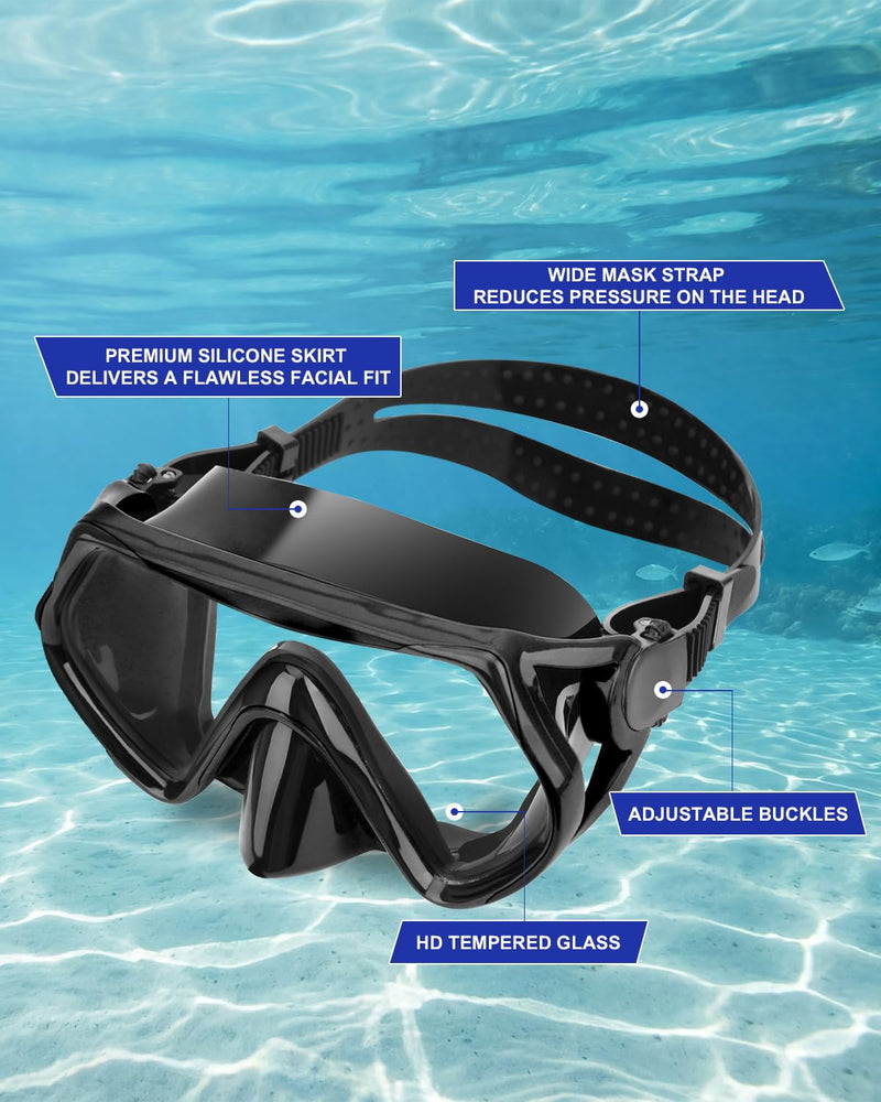 Snorkeling Gear for Adults, Dry Snorkel Mask Set, Scuba Diving Snorkle mask Set Adult, Panoramic Wide View Anti-Fog Dive mask, Swimming Diving Snorkeling Packages BLACK - BeesActive Australia