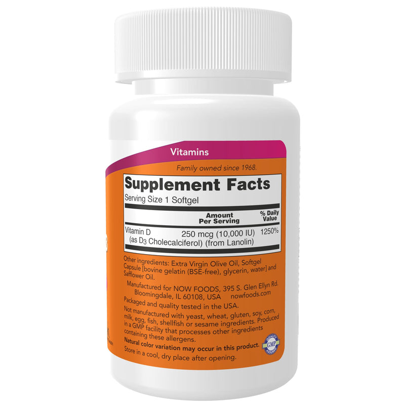 NOW Supplements, Vitamin D-3 10,000 IU, Highest Potency, Structural Support*, 120 Softgels 120 Count (Pack of 1) - BeesActive Australia