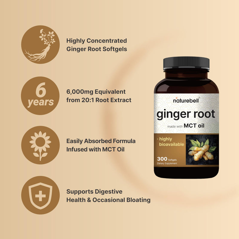 Ginger Root with MCT Oil ‚Äì 6,000mg Equivalent ‚Äì 300 Softgels | Highly Bioavailable | 20:1 Root Extract | Herbal Supplements for Digestive Health & Occasional Bloating | Non-GMO, Gluten Free