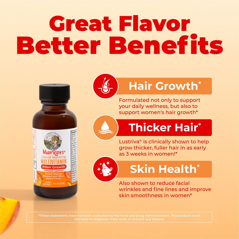 MARYRUTH'S Liquid Multivitamin + Hair Growth Travel Pack, 1 Fl Oz, 8 Pack | Biotin 10000mcg, Lustriva Hair Growth Supplement, Clinically Tested in Women for Thicker Hair & Facial Wrinkle, 18+ Peach Mango 8 Count (Pack of 1)