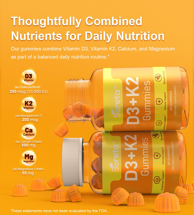 Vitamin D3 K2 Gummies 10,000 IU, MK-7, Calcium & Magnesium, 60 Count | Bone, muscle & immune support*; for adults; orange flavor; pectin-based; 2 gummies daily; 30-day supply