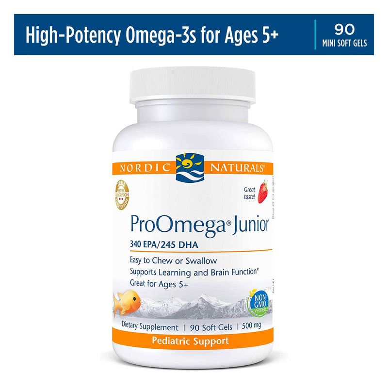 Nordic Naturals ProOmega Junior - Fish Oil, 340 mg EPA, 245 mg DHA, Support for Healthy Neurological, Nervous System, Eye, and Immune System Development*, Strawberry Flavor, 90 Soft Gels | 340 mg EPA, 245 mg DHA, Support for Healthy Neurological, Nervo...