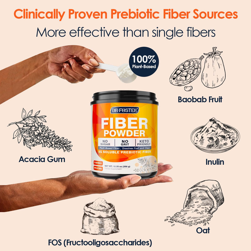 DRFOSTER Soluble Fiber Supplement Powder Unflavored - 5g, 70 Servings | Prebiotic Fiber with Acacia Fiber & Inulin Powder for Digestive Health and Regularity | Gluten & Sugar Free, Vegan