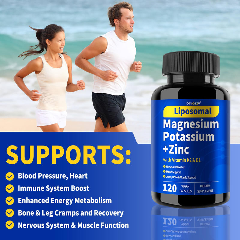 Potassium Magnesium Supplement, Non-GMO, Vegan, (120 Capsules, 1 Pack) | 1600mg Liposomal Magnesium Aspartate, Potassium Chloride, with Zinc, K2, B1 for Leg Cramps, Support Vascular, Bone and Heart