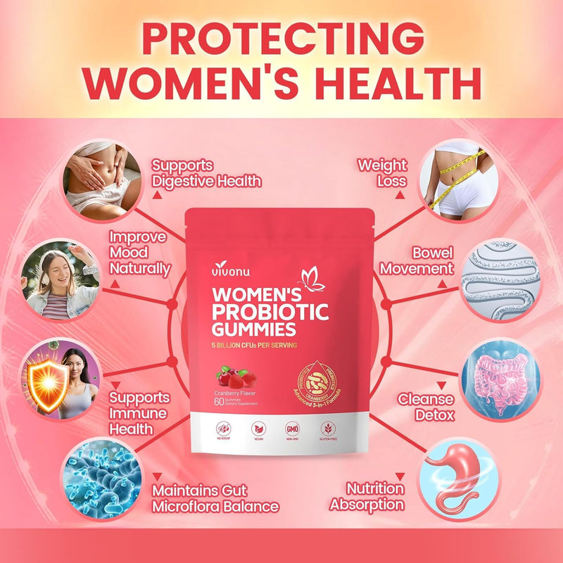 VivoNu Probiotics for Women, Women Probiotic Gummies, 500 Million CFUs | Fiber | Feminine Balance Gummies for Healthy Odour,Digestive Support and Gut Health+Vitamin C for Immune Support - 60 Gummies 60pcs/1bag-cranberry