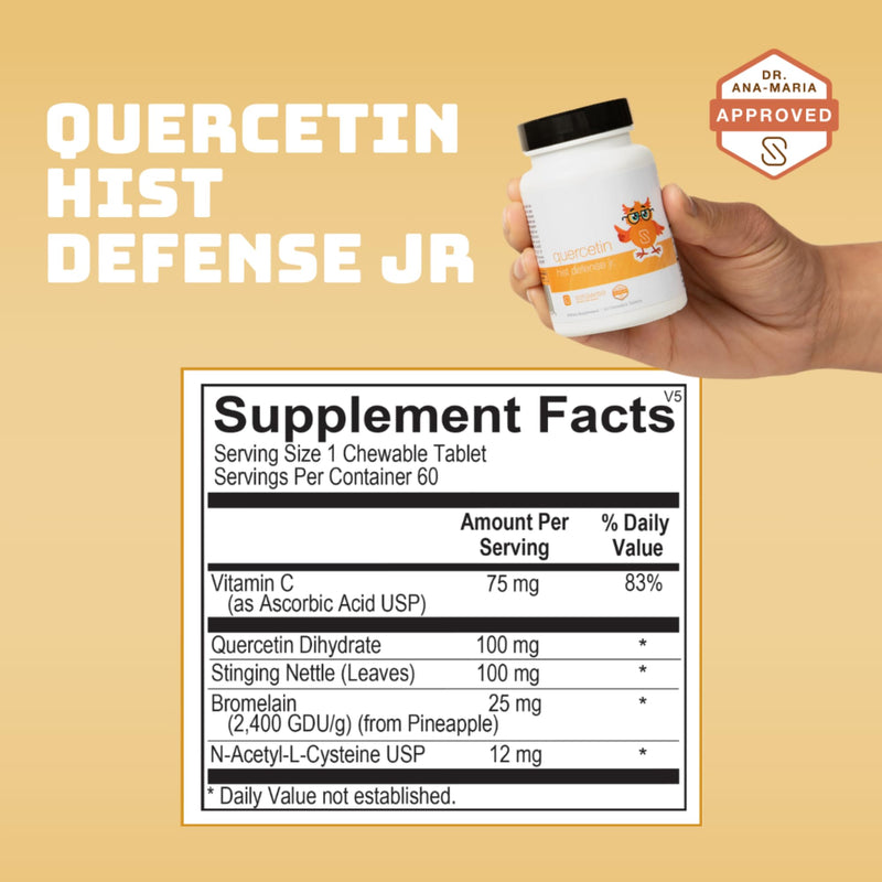 Quercetin Hist Defense Jr. By Dr. Ana Maria Temple | Natural Seasonal Support for Kids | With Quercetin, Stinging Nettle, Bromelain, NAC and Vitamin C | 60 Chewable Tablets