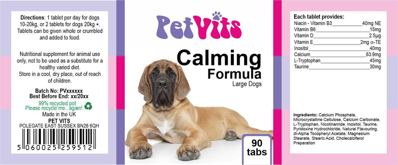 Calming Formula for Large Dogs : Calming and Relaxing Pet Supplement : 90 Tablets, in a 99% recycled pot a recyclable pot
