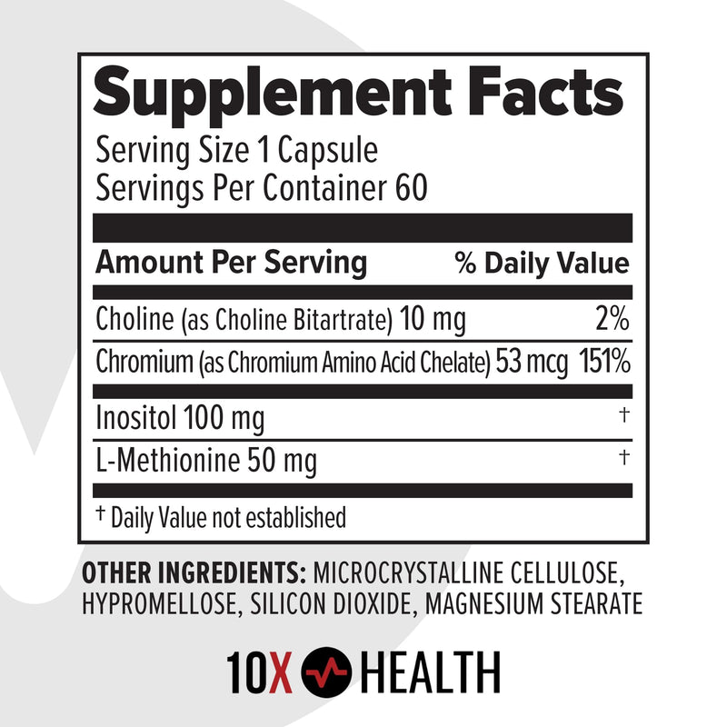 10X Health MIC Chromium Supplements - 60 Capsules - Contains Choline Inositol & L Methionine - Mineral Supplements for Daily Nutritional Support - Chromium, L-Methionine, Choline Supplements