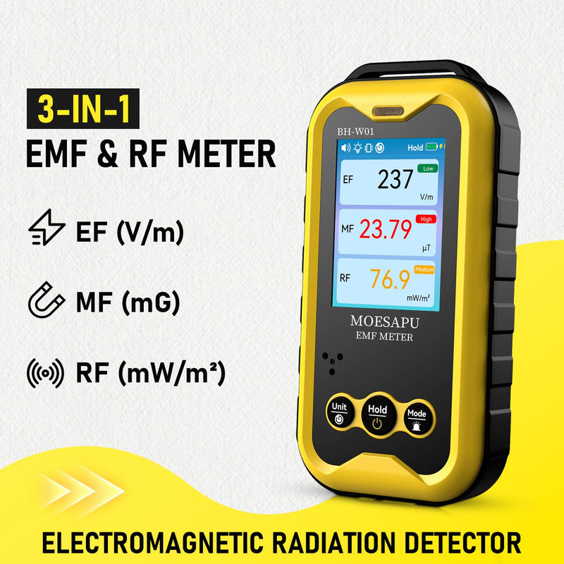EMF Meter, 3-in-1 Electromagnetic Radiation Detector for EF MF RF Field, Electric Magnetic Radio Frequency Monitor, Portable Rechargeable Battery Reader for Microwave Ghost Hunting, BH-W01 Yellow - BeesActive Australia