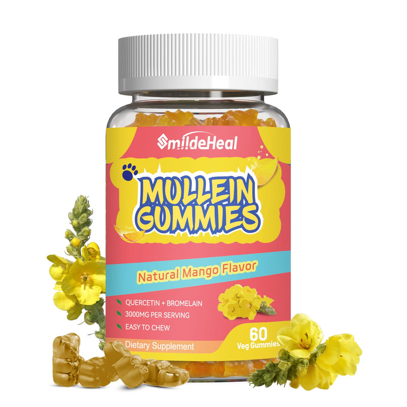 Mullein Gummies 3000MG, Sugar Free Mullein Gummies with Bromelain & Quercetin, Mullein Leaf Extract Supplements for Lungs, Vegan, 60 Count 60 Count (Pack of 1)