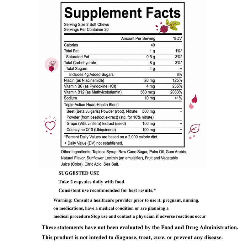 Beon Beet Chews, Beon Beetroot Chews Gummies for High Blood Pressure & Cardiovascular Support, Beet Root Gummies with L-CoQ10 & Grape Seed for Calm Mood, Sugar-Free Vegan, 60 Chew