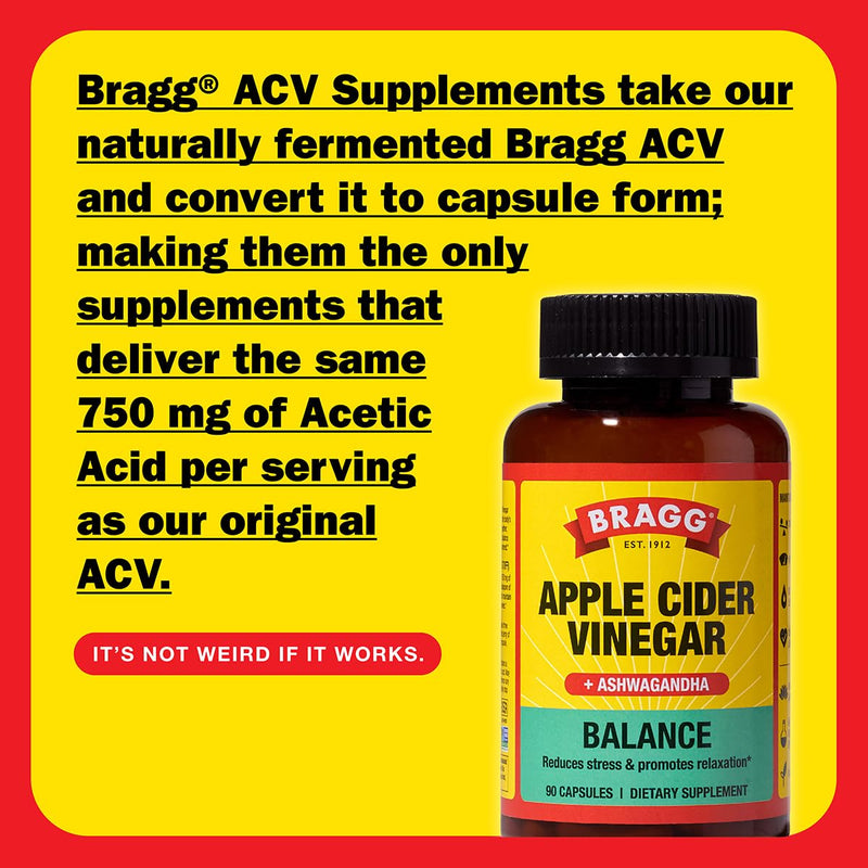 Bragg Daily Balance Apple Cider Vinegar and Sensoril Ashwagandha Capsules - 750mg of Acetic Acid ‚Äì Energy & Weight Management Support - (90 Pills)