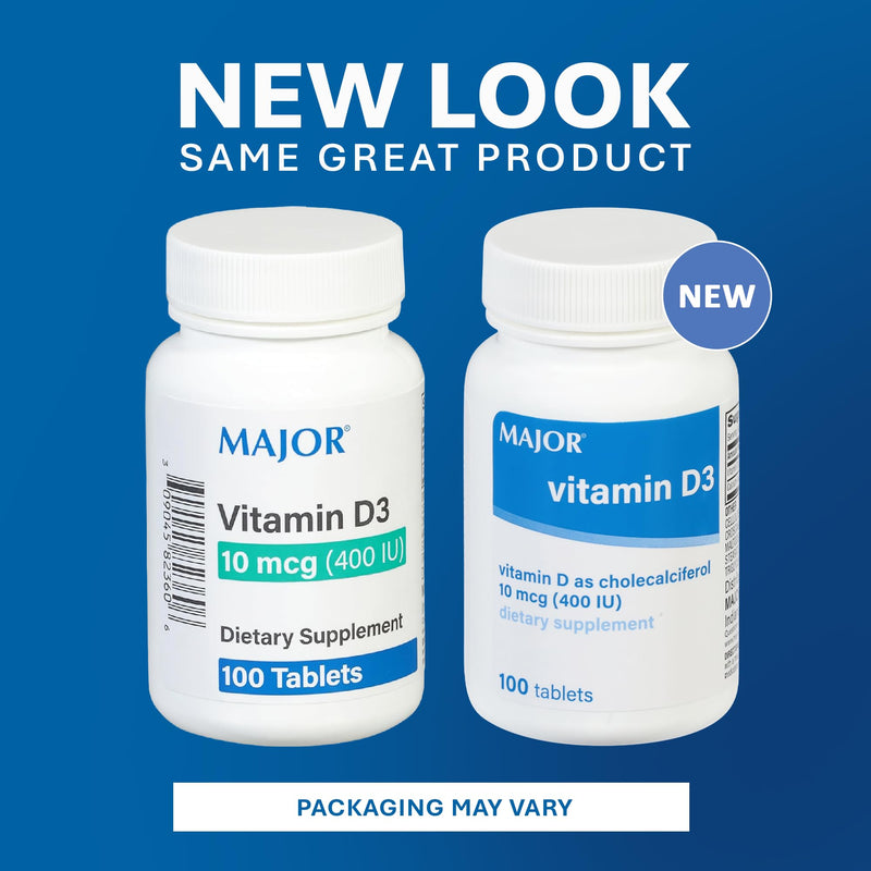 MAJOR Vitamin D3 10mcg (400 IU) - Contains 25mg of Calcium - Dietary Supplement - 100 Tablets (1 Pack) 1 Count (Pack of 1)