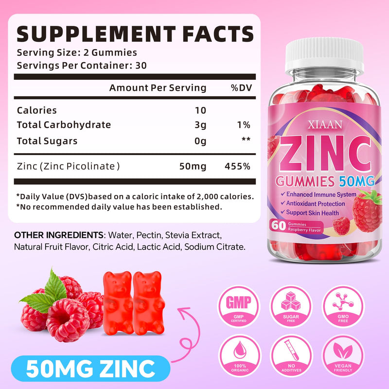 Zinc Picolinate Gummies 50mg for Kids & Adults, Chewable Zinc Supplements for Women & Men Supports Immune System & Cellular Health & Antioxidant, Vegan/Sugar-Free, Raspberry Flavor 60 Count 60 Count (Pack of 1)