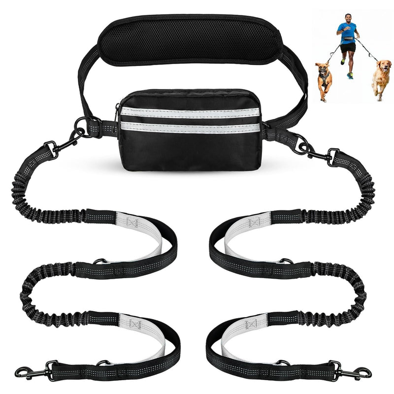 Hands Free Dog Leash with Pouch, Dual Attachment for Two Dogs, Retractable Bungee with Double Padded Handles, Waist-Mounted for Running,Walking, Jogging Friendly Dog Accessories (Black/Silver Gray) Black/Silver Gray