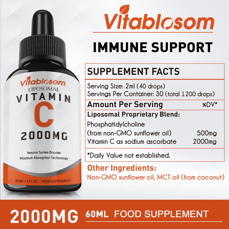 Vitablosom Liposomal Vitamin C 2000mg Liquid for Adults, High Absorption VIT C, Maximize Vitamin C, Immune System & Antioxidant Support, 60ML (1 Bottle) 2.02 Fl Oz (Pack of 1)
