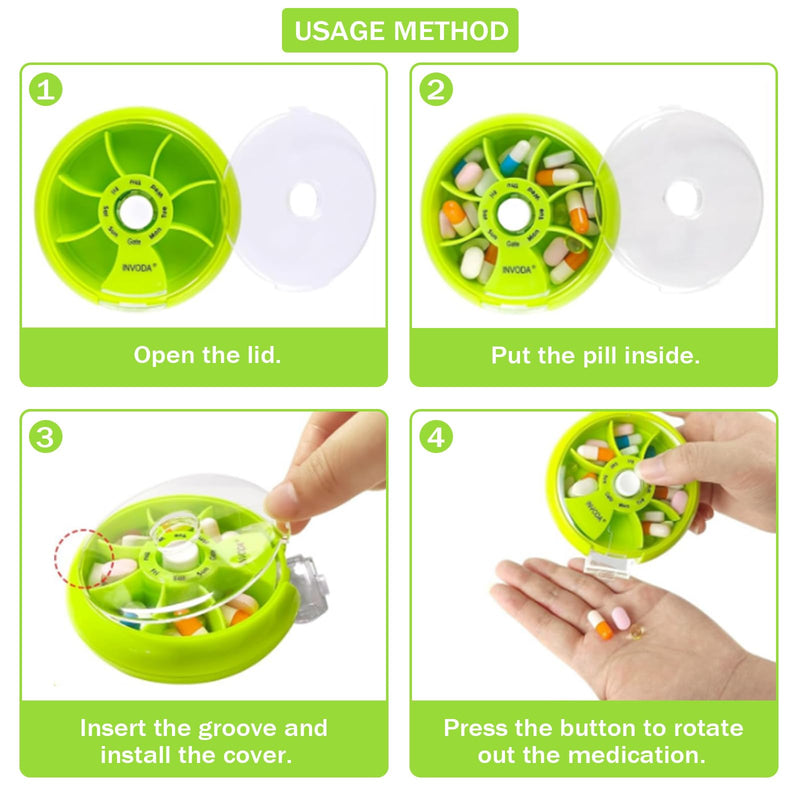 3PCS Weekly Pill Organizer Travel Pill Container Small Portable Pill Case | Cute Round Rotate Pill Dispemser 7 Day Daily Pill Box for Fish Oil Supplements Vitamins, Arthritis Friendly and Portable Green 3pcs