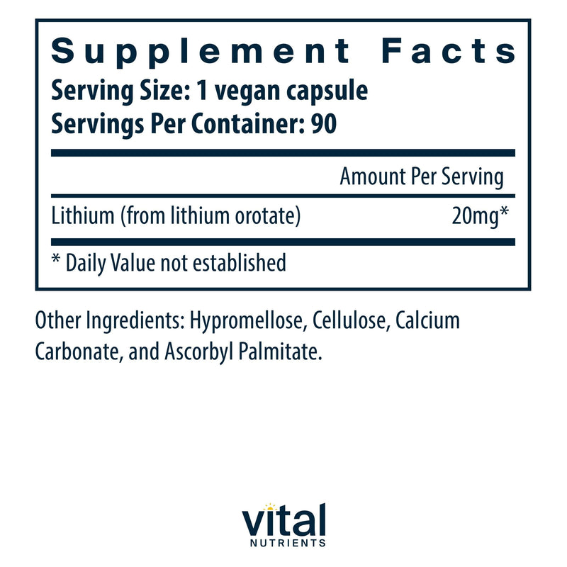 Vital Nutrients Lithium Orotate | Vegan Lithium Supplements for Memory, State of Mind, and Behavioral Health* | 20mg | Gluten, Dairy, Soy Free | 90 Capsules 90 Count (Pack of 1) - BeesActive Australia