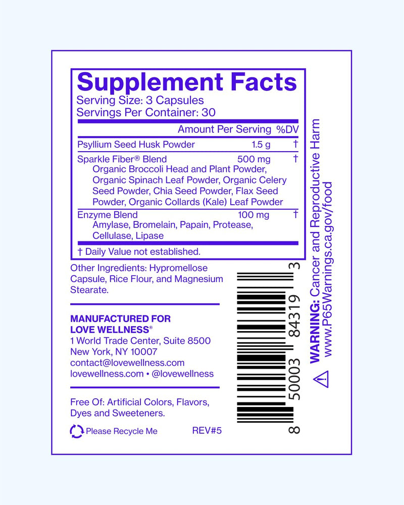 Love Wellness Sparkle Fiber| Fiber Supplement with Digestive Enzymes| 90 Ct | Contains psyllium husk, greens superfood blend, Flax & chia seeds, Fiber-rich veggies, Clean formula, Non-GMO, gluten-free