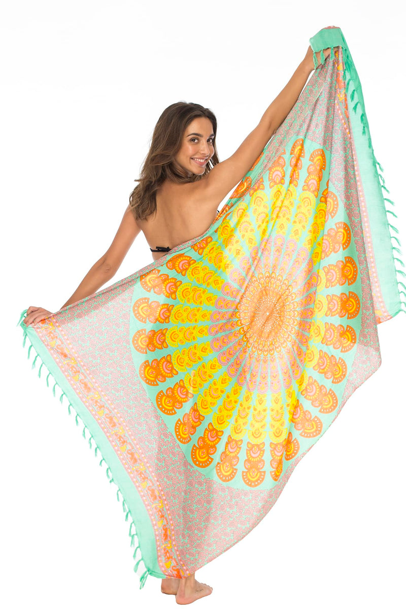 Back From Bali Womens Sarong Beach Swimsuit Bikini Cover up Wrap Peacock & Clip Mint Sunset - BeesActive Australia