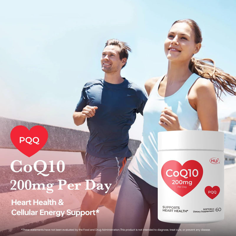 HUJ CoQ10 200mg Per Day - Heart Health & Cellular Energy Support with Coenzyme Q10, Vitamin E & PQQ - 60 Softgels