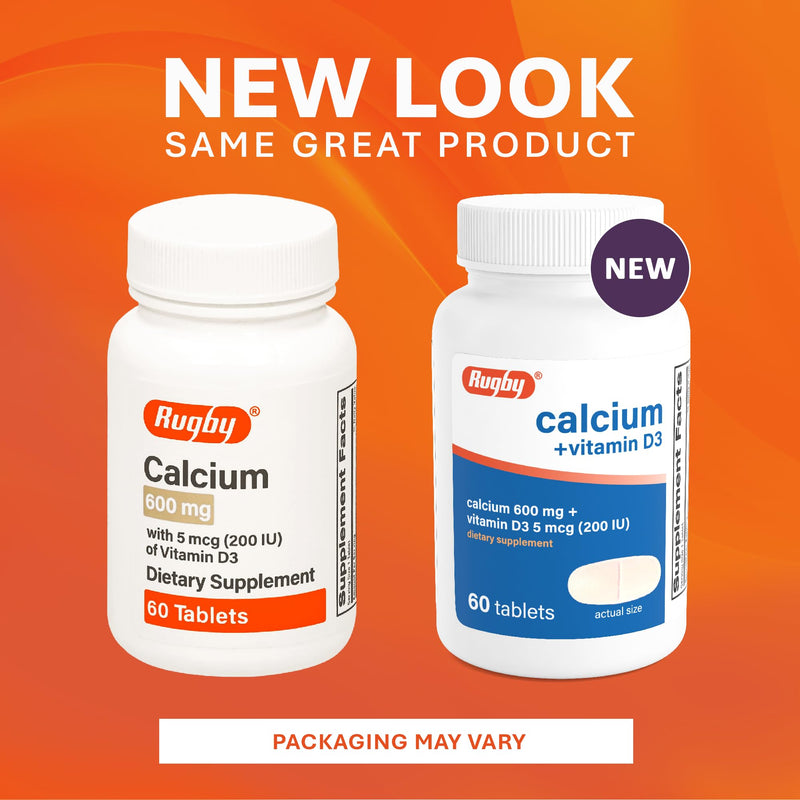 Rugby Calcium 600 mg + Vitamin D3 200IU (5 mcg) Tablets, 60 Count | Gluten-Free Dietary Supplement for Bone Health and Calcium Absorption, No Artificial Colors, Flavors and Preservatives