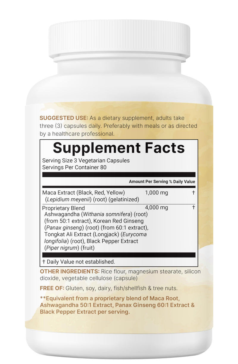 Maca Root Capsules for Women & Men 5,000mg | 240 Veggie Capsules with Ashwagandha, Red, Black, Yellow Maca Root, Panax Ginseng, Tongkat Ali & Black Pepper | Support Energy, Mood & Hormone Balance