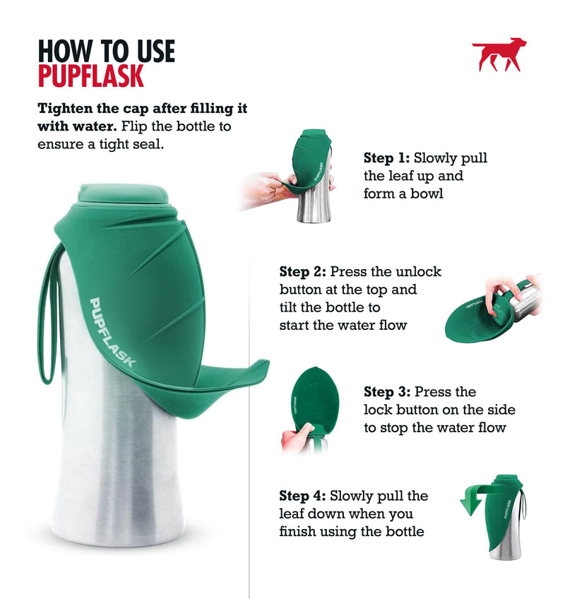 PupFlask Large Dog Water Bottle | 27 or 40 OZ Stainless Steel | Convenient Water Dispenser | Puppy Travel Water Bowl | Portable Pet Leak Proof Bottle Perfect Size For All Dog Breeds 27 Ounce Quetzal Green - BeesActive Australia