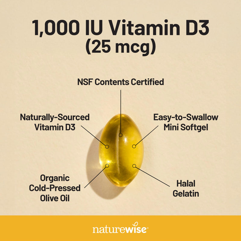 NatureWise Vitamin D3 1000IU Supplement, Immune Support, 90 Mini Softgels | 25mcg Vitamin D3 Supplement - Organic Extra Virgin Olive Oil - Supports Bone Health & Muscle Function - 90-Day Supply 90 Count (Pack of 1) 1000 IU