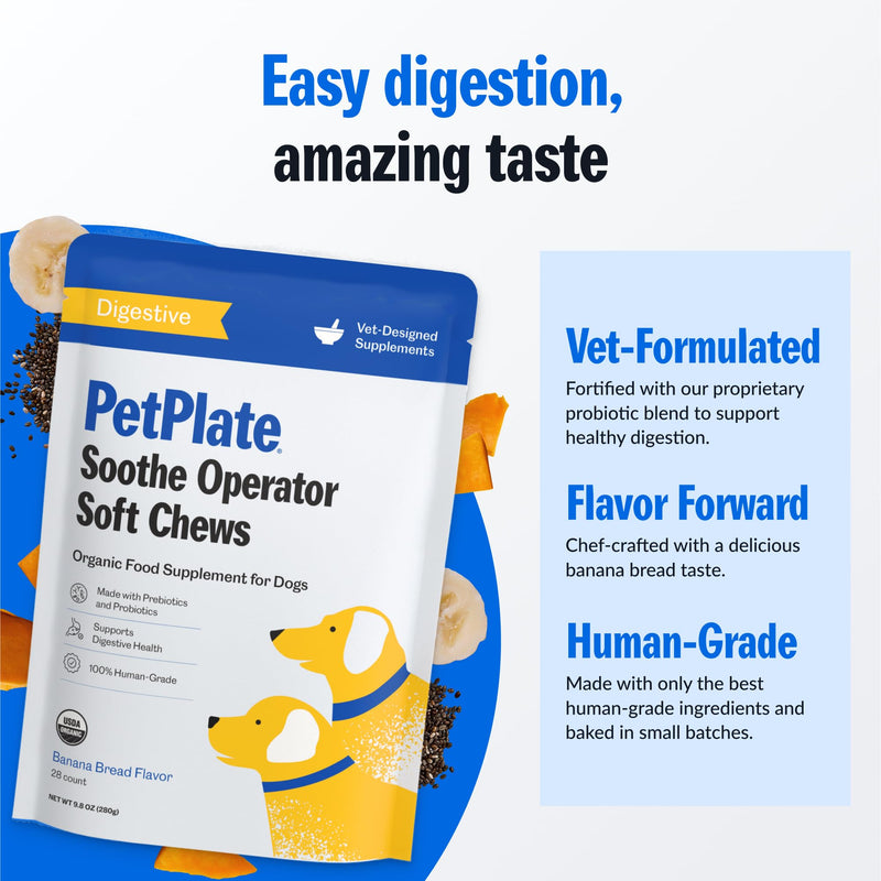 PetPlate Soothe Operater Digestive Soft Chews for Dogs, Made with Prebiotics & Probiotics, USDA Organic Supplement, Grain-Free, Human-Grade, Pet Supplies, (Pack of 1, 9.8 Ounce)