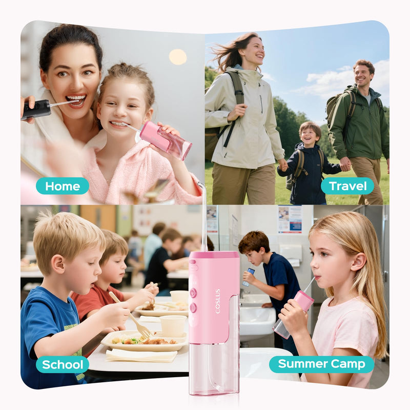 COSLUS T40 Portable Water Flosser for Kids: 4 Gentle Modes for Ages 6+, Braces & Sensitive Teeth - with Fun DIY Stickers, 4 Storable Nozzles, Mini Compact for Home School & Travel, BPA-Free, Pink