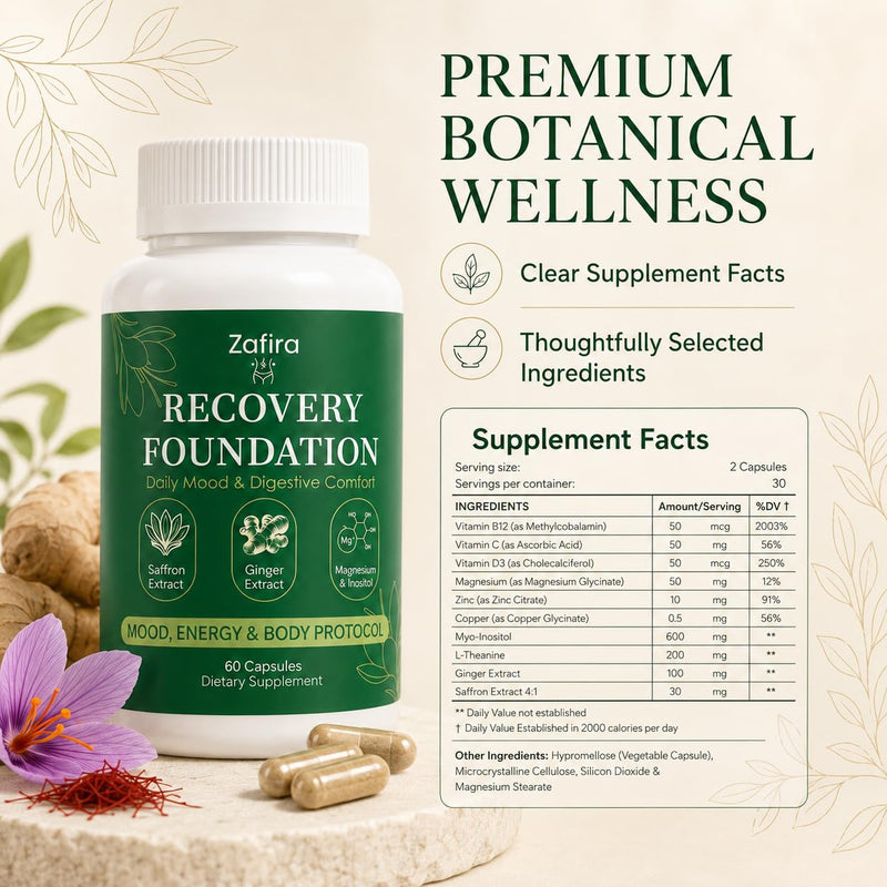 Zafira Organics Recovery Foundation Capsules, Saffron Extract Supplement with L-Theanine, Myo-Inositol, Magnesium Bisglycinate & Ginger for Mood, Focus & Daily Wellness Support, 60 Capsules