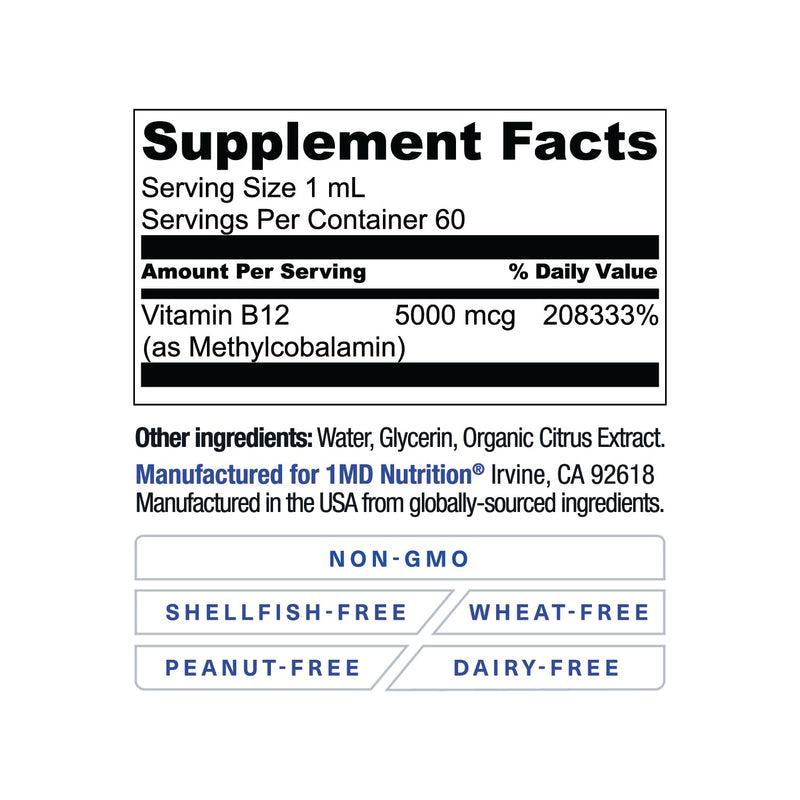 1MD Nutrition Vegan Vitamin B12 I 5000mcg Methylcobalamin Supplement | Energy, Immune Support