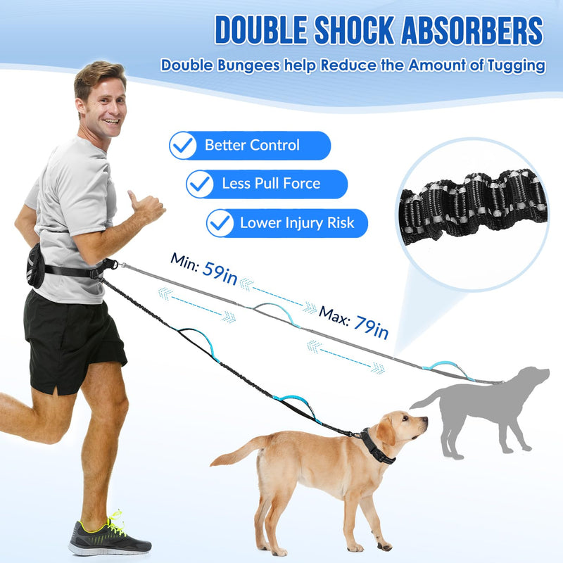AUTOWT Hands Free Dog Leash for 2 Dogs, Adjustable Waist Belt with Zipper Pouch, Dual Handle Retractable Elastic Bungee with Reflective Stitches for Medium and Large Dogs Training Running 2 Leashes