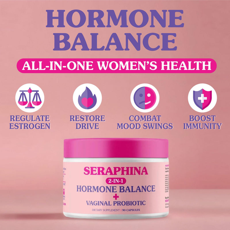 Seraphina Vaginal Probiotics 2-in-1 for Women + Hormone Balance - 90 Capsules Complete Feminine Care, PMS & Urinary Tract Health, Prebiotic Blend, 10 Billion CFU, 6 Strains (90 Count (Pack of 1)) 90 Count (Pack of 1) - BeesActive Australia