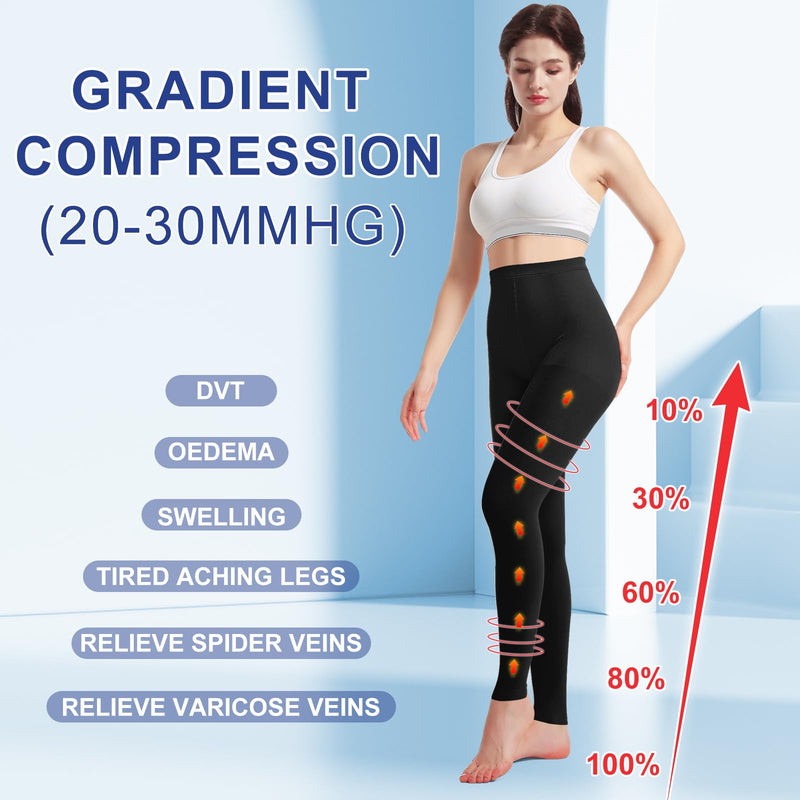 2 Pairs Medical Compression Pantyhose for Women & Men, 20-30mmHg Graduated Support Tights, Opaque Footless High Waist Large Black