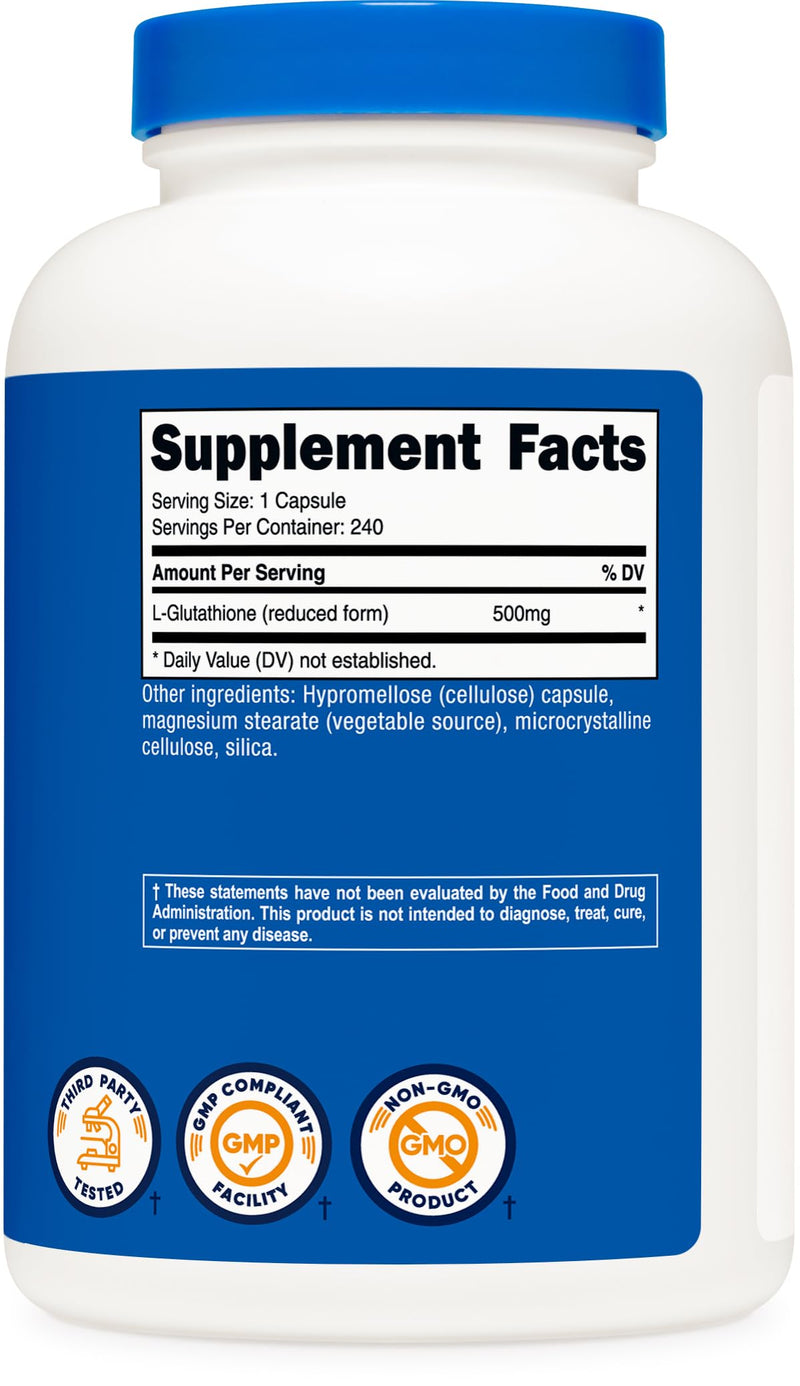 Nutricost Glutathione Capsules 500mg, 240 Capsules - Gluten Free, GMO Free 240 Count (Pack of 1)