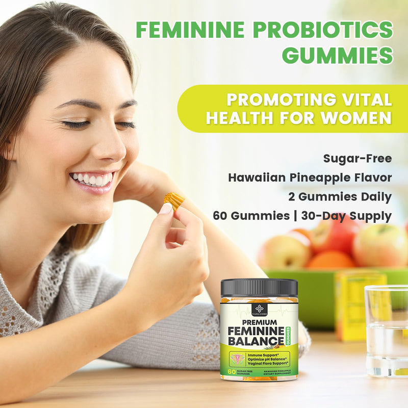 Feminine Balance Probiotic Gummies - Women's Vaginal Health Support | PH Balance & Odor, Flora, Immune Support | Probiotics for Women, Vegan Pineapple Flavor, 60 Count 60 Count (Pack of 1)