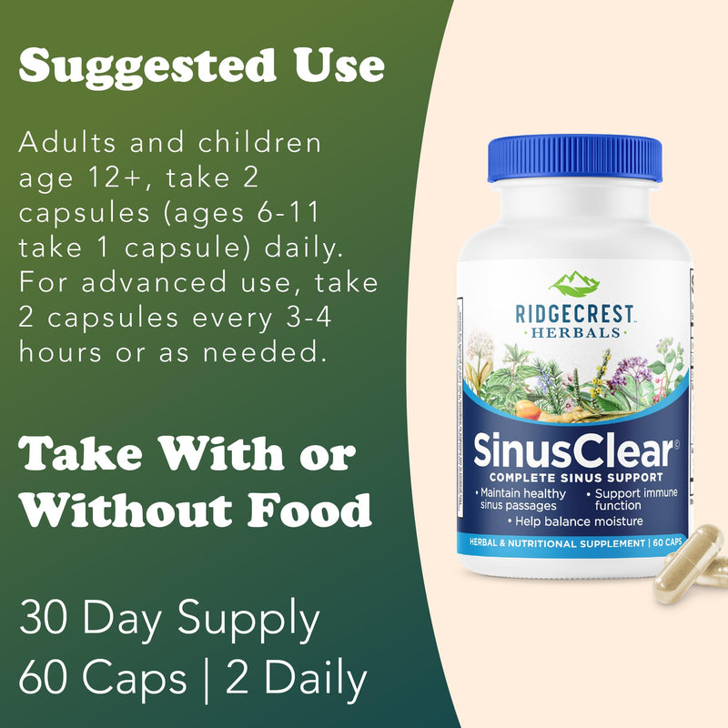 RidgeCrest Herbals SinusClear Mullein Sinus, Nasal and Immune Support 60 Ct | 30 Servings, Mullein Leaf, Bromelain, Vitamin C, Zinc, Natural Mucus and Respiratory Wellness, Vegan Herbal Formula