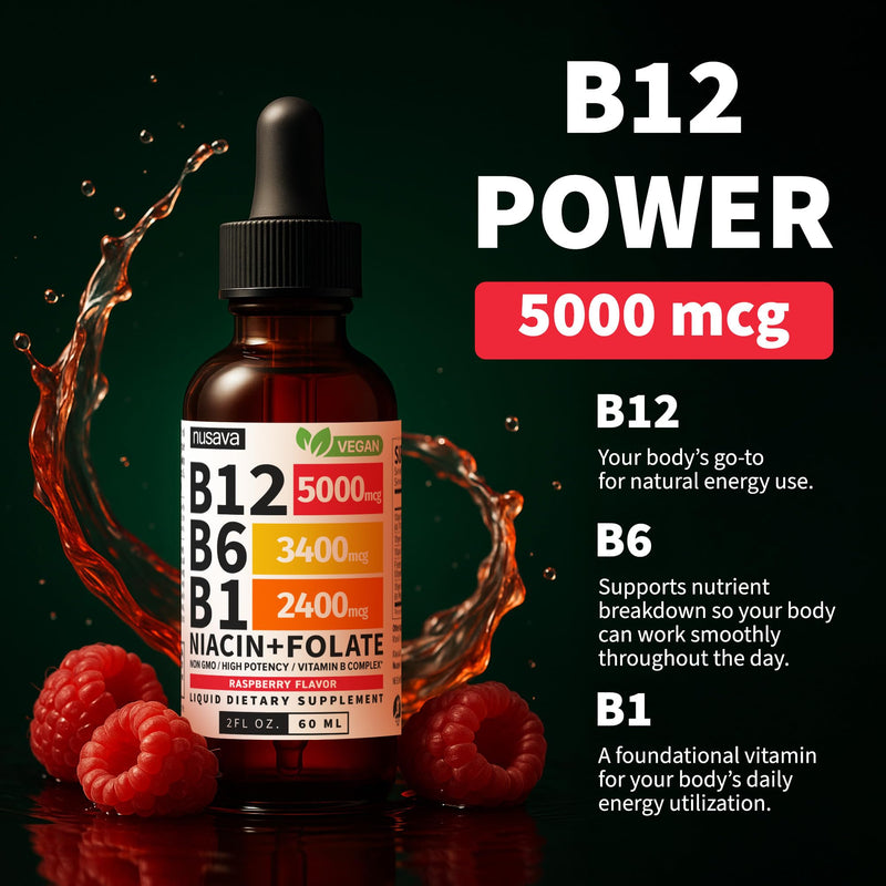 NUSAVA B12 Liquid Drops 5000mcg, Raspberry (Pack of 4) | Energy, Brain and Heart Support, Methylcobalamin B12 with B6, B1, Niacin and Folate, Sublingual Drops for Women and Men 2 Fl Oz (Pack of 4)