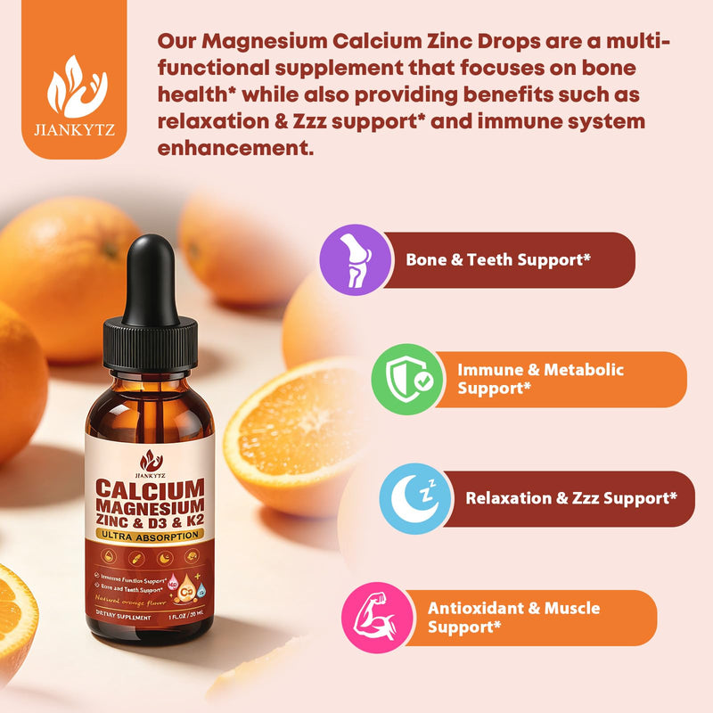 (2 Pack) Calcium Magnesium Zinc Liquid Drops for Women and Men - Bone & Teeth, Immune Support, Calcium Citrate 1200mg with Vitamin D3 Liquid Drops for Adults, Sugar Free, Vegan, Orange Flavor 1 Fl Oz (Pack of 2)