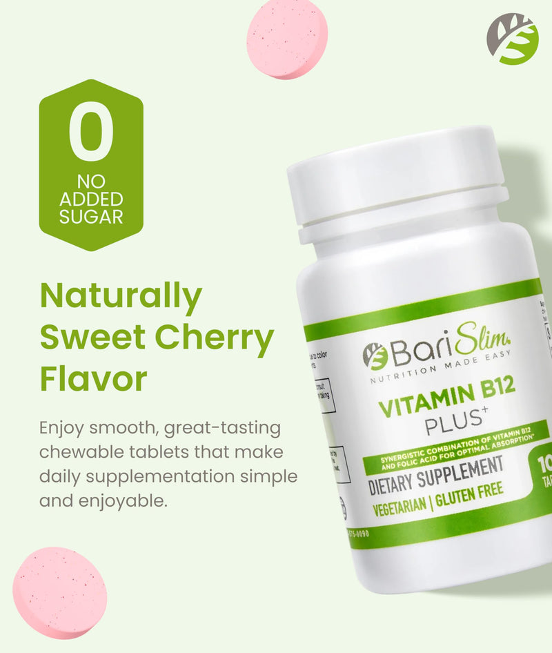 BariSlim Vitamin B12 Plus Tablets - Bariatric Formulated for Post Weight Loss Surgery, Including Gastric Bypass & Gastric Sleeve - Supports Energy Levels & Overall Health | Cherry Flavor