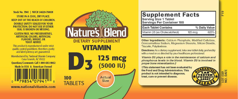 Nature's Blend Vitamin D3, 5000 IU 100 Tablets