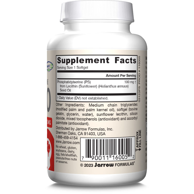 Jarrow Formulas PS100 Phosphatidylserine 100 mg, Dietary Supplement for Brain Health and Cognition Support, 30 Softgels, 10-30 Day Supply 30 Count (Pack of 1)