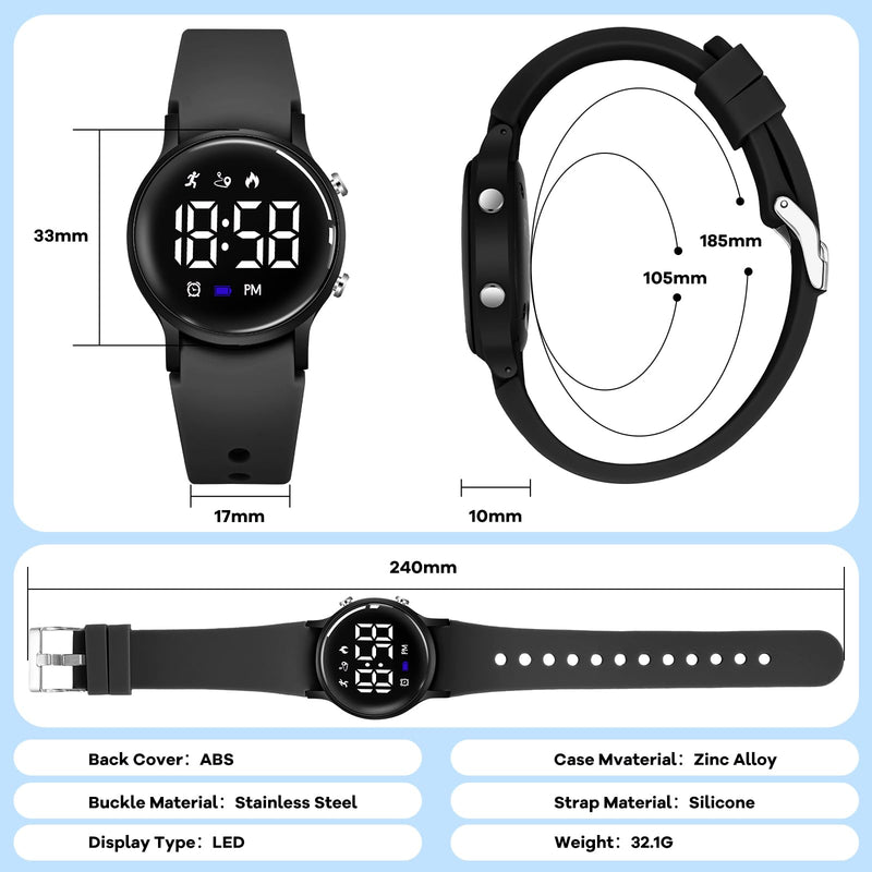 BEN NEVIS Kids Watch for Boys Girls Waterproof Digital Watch for Kids with Pedometer, Vibration Alarm Clock, Stopwatch, Calendar, No App for Ages 5-18 01-Black