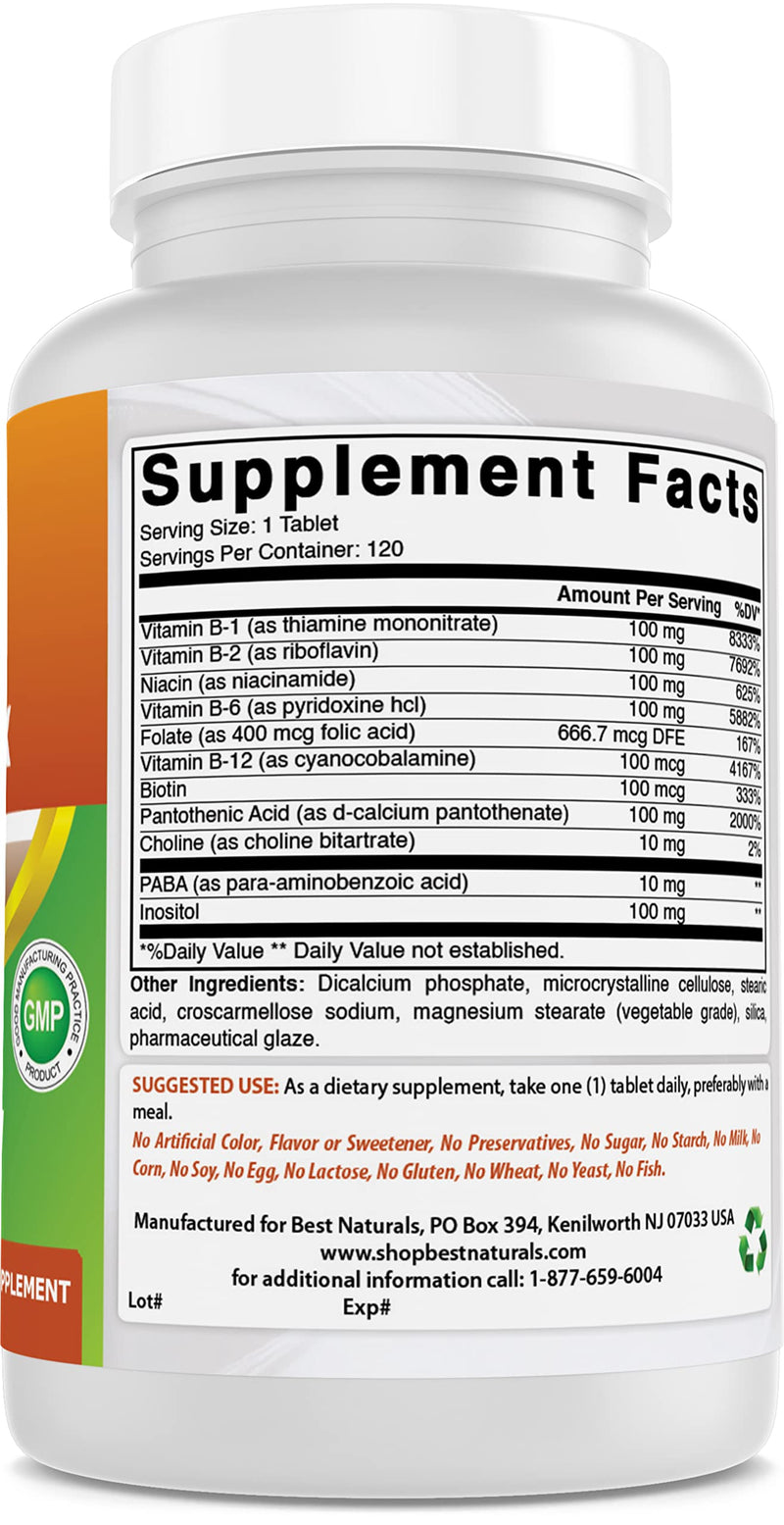 Best Naturals B 100 Complex 120 Tablets (B Complex Vitamins) (120 Count (Pack of 2)) 120 Count (Pack of 2)