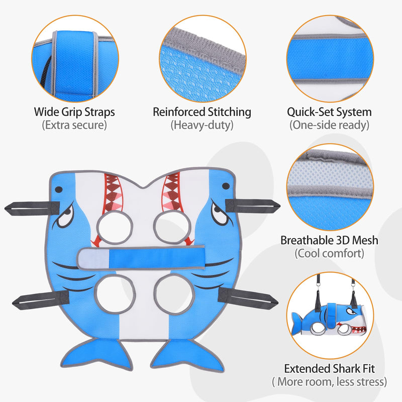 Dog Grooming Hammock for Small Dogs Cats, Cute Shark Design Dog Hanging Harness for Nail Trimming/Clipping, Pet Sling with Grooming Kit and Thick Neck Support & Strap Restraint Claw Care, S Blue Shark
